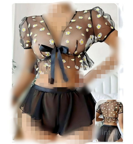 لباس خواب زنانه توری فانتزی دوتیکه بدن نما مایسا/ طرح گل بابونه